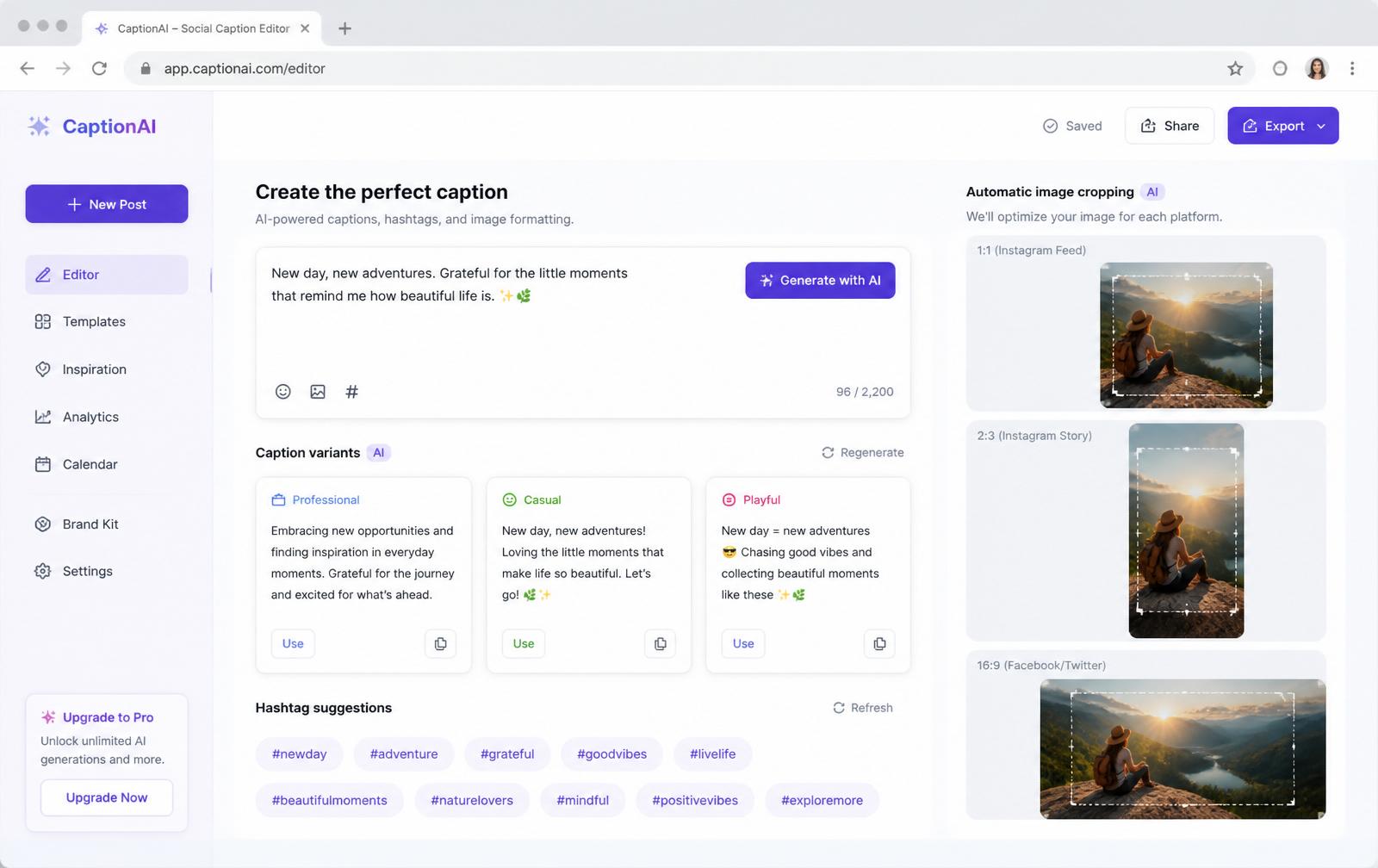 KI-Editor mit automatischem Bildzuschnitt KI-gestützter Editor mit automatischer Bildzuschnitt-Vorschau für jedes Netzwerk-Format