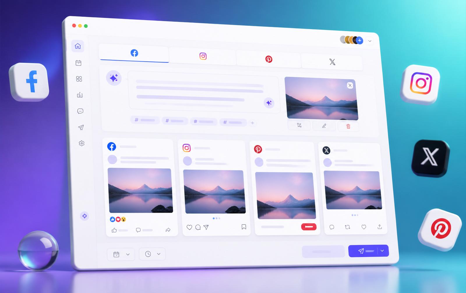Crossposting-Tool — Dashboard Dashboard-Vorschau des Crossposting-Tools mit Post-Composer und Multi-Netzwerk-Auswahl