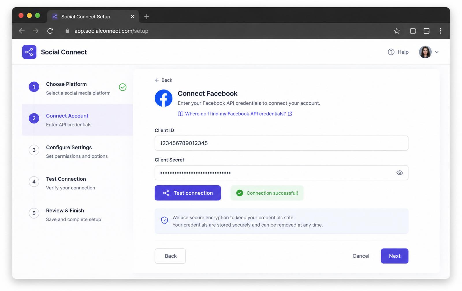 Einrichtungsassistent mit Testverbindung Schritt-für-Schritt Einrichtungsassistent mit OAuth-Zugangsdaten und Testverbindung pro Netzwerk